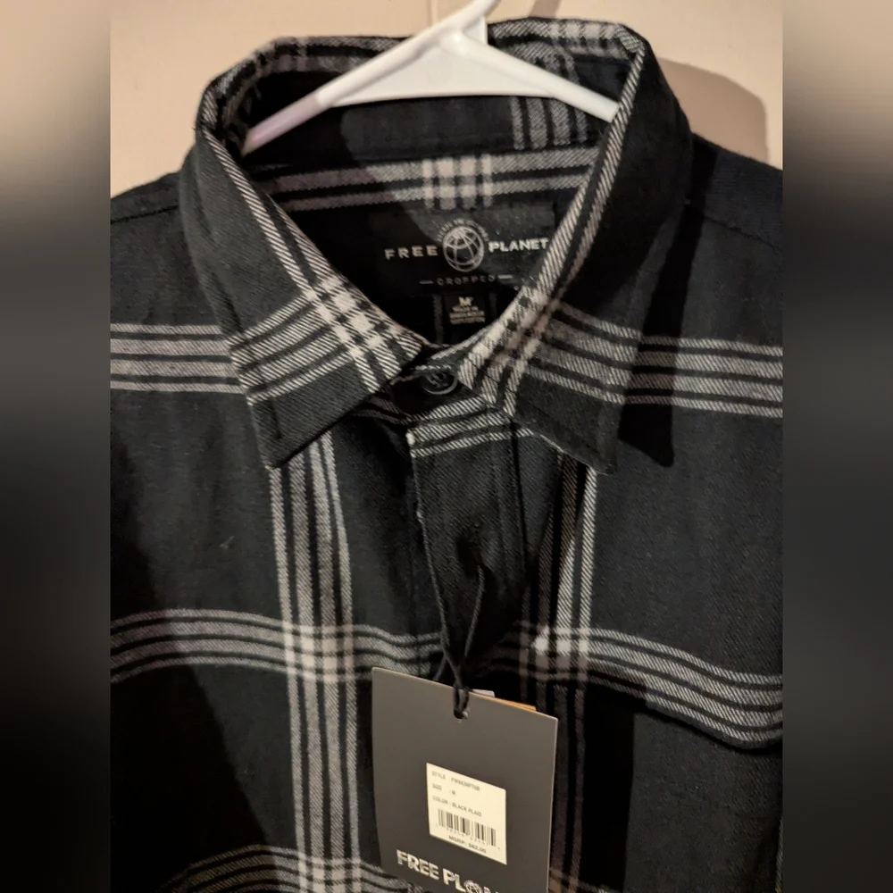 Free Planet Black and Gray Plaid Flannel Overshirt Men's Size M Long Sleeve - Picture 10 of 10